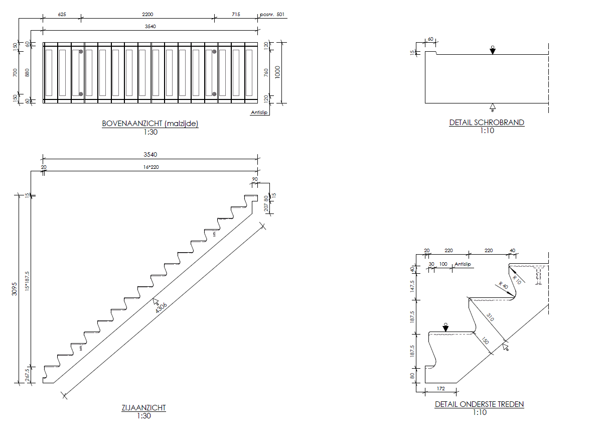 Tweede kans trap met schrobranden, 16 treden, 1000mm breed